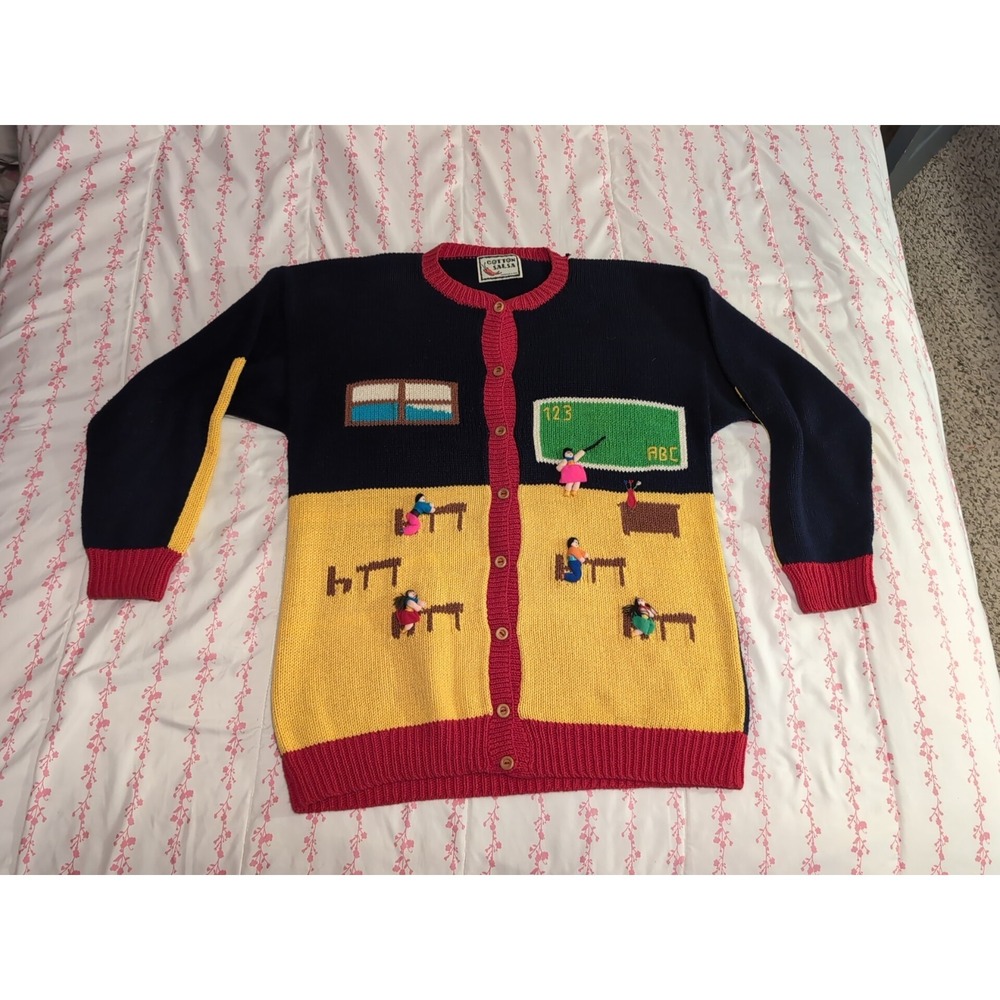 VTG Y2K Cotton Salsa Womens Back To School 3D Sweater Size L Teaching Art Boho